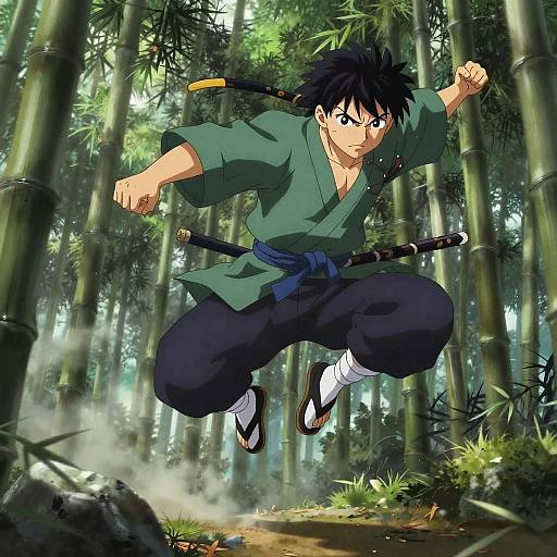 Dynamic Samurai Leap in Bamboo Forest