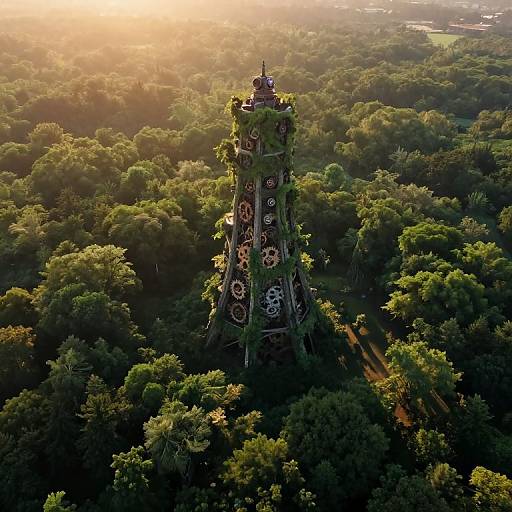 Aerial photograph of a tall, steampunk-inspired tower covered in greenery and gears, rising from a dense, sunlit forest.