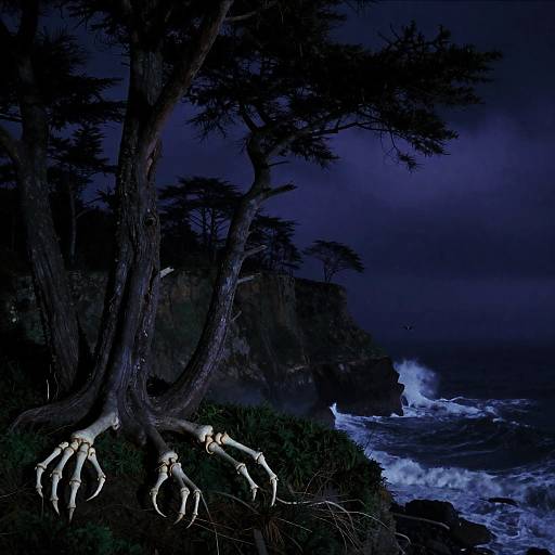 Eerie Coastal Cliffs at Night with Skeletal Tree Roots