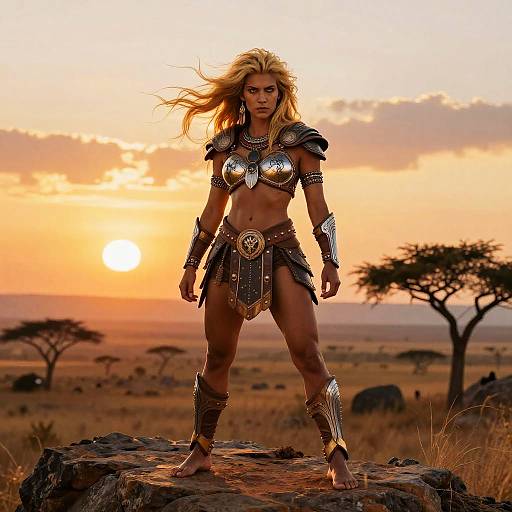 Photograph of a fierce, blonde, muscular warrior woman with silver armor, standing on a rock at sunset in an African savanna.