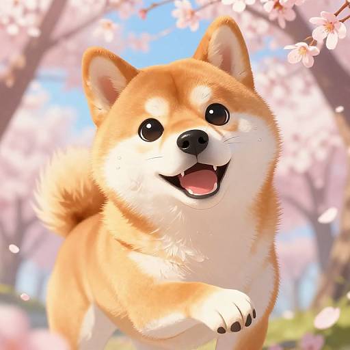 Digital illustration of a happy, fluffy Shiba Inu puppy with orange and white fur, wagging tail, and big black eyes, standing under blo