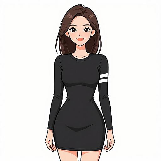 Digital anime-style drawing of a smiling young woman with long brown hair, wearing a tight black dress with a white stripe on the right sleeve, standing against