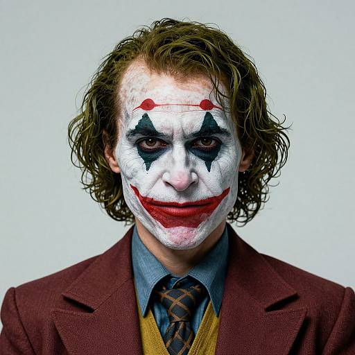 Photograph of a man with messy brown hair, white face paint, black eye makeup, red smile, and red nose dots, wearing a maroon