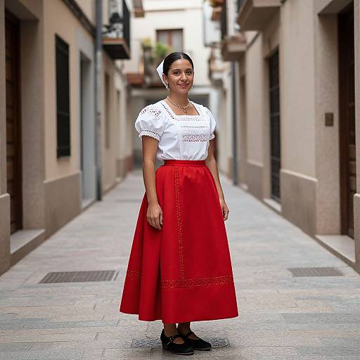 Photograph of a smiling woman with dark hair in a white lace top and red embroidered skirt, standing on a narrow, stone-paved European alleyway