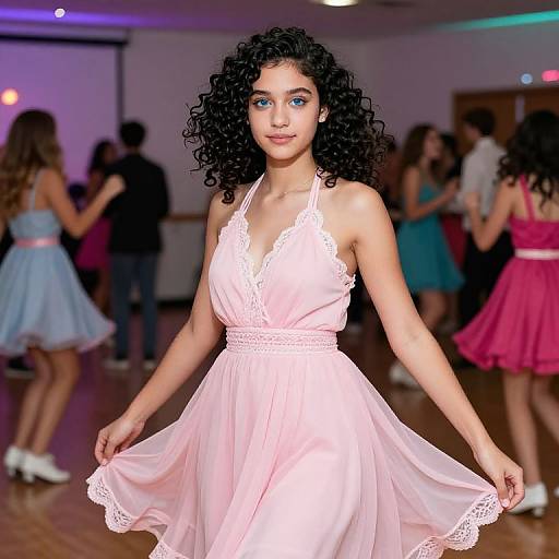 Photograph of a curly-haired woman in a pink lace halter dress, smiling in a brightly lit dance hall with blurred, colorful background dancers.
