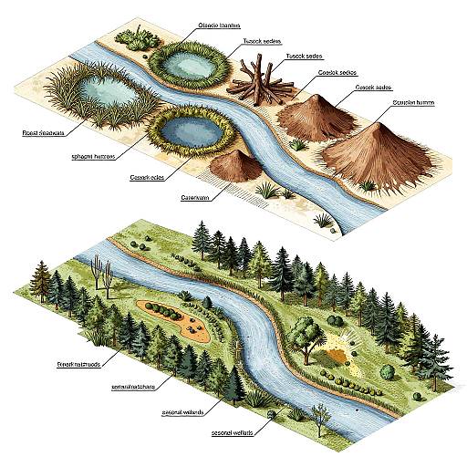 Isometric River System Blueprint with Upstream and Downstream Sections