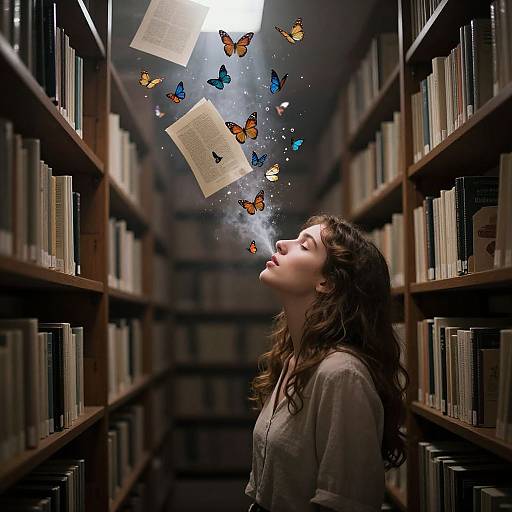 Photograph: Young woman with wavy brown hair in a library, eyes closed, inhaling books and butterflies floating from overhead shelves.