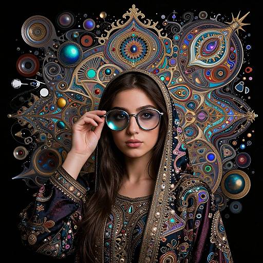 Photograph of a young woman with long black hair, wearing glasses, ornate dark robe, and intricate, colorful, cosmic-patterned background.