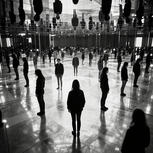 Black and white photograph of silhouetted people walking in a brightly lit, reflective modern atrium with hanging spherical lights.