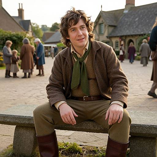 Photograph of a young man with messy brown hair, wearing a brown wool jacket, green neckerchief, brown pants, and boots, sitting on