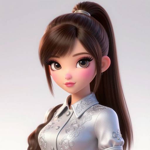 Digital anime-style portrait of a cute young woman with large eyes, pink cheeks, and long brown ponytail, wearing an ornate white blouse.