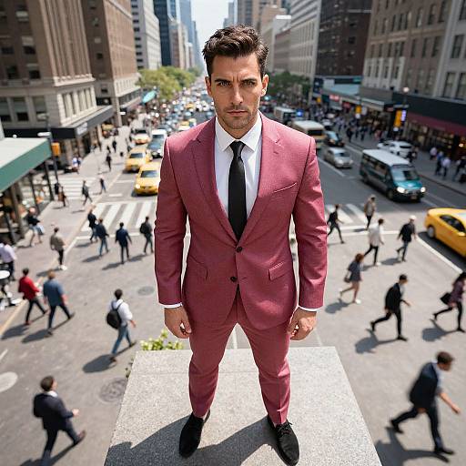 Photograph of a handsome man with dark hair in a red suit, black tie, and white shirt, standing on a city street corner, surrounded by