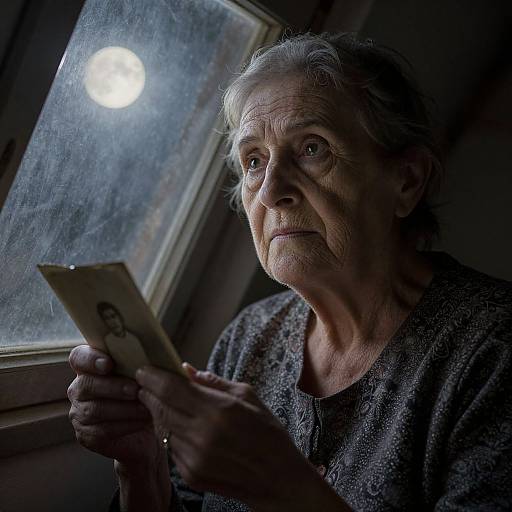 Photograph of an elderly woman with wrinkled skin and gray hair, wearing a textured gray sweater, intently looking at a smartphone by a moonlit