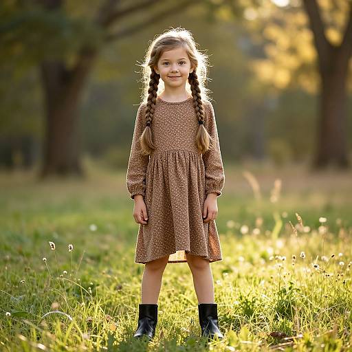 Photograph of a young girl with long brown braids, wearing a brown polka-dot dress and black boots, standing in a sunlit grassy