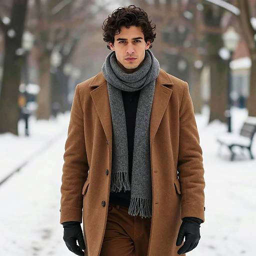 Man in Brown Coat and Gray Scarf in Snowy Park