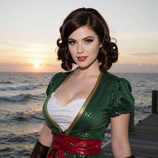 Photorealistic digital art of a brunette woman with curled hair, wearing a green sequined dress, white lace top, red belt, standing on a