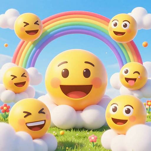 CGI image of six smiling yellow emoticon faces around a rainbow, set against a bright blue sky with fluffy clouds and green grass.