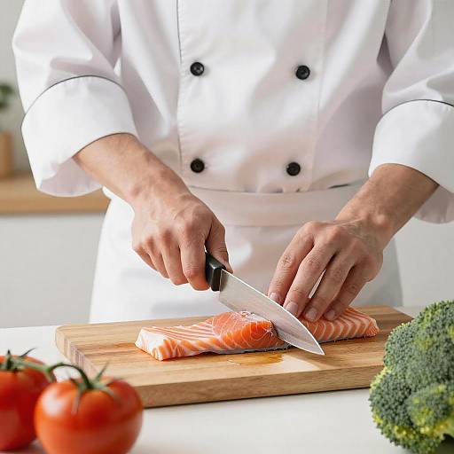 Chef Slicing Salmon with Fresh Ingredients