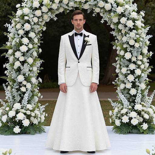 Photograph of a handsome man in a white tuxedo and black bow tie, standing in front of an elaborate white floral arch.