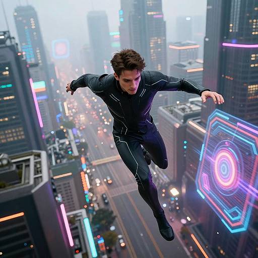 Photorealistic CGI of a dark-haired man in a black, glowing suit, mid-leap above a neon-lit, foggy cityscape.