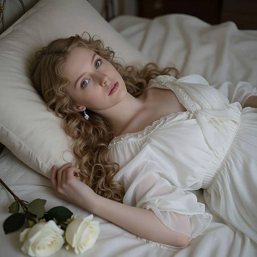 Photograph of a fair-skinned, blonde woman with curly hair, wearing a white, lace-trimmed dress, lying on a bed, surrounded