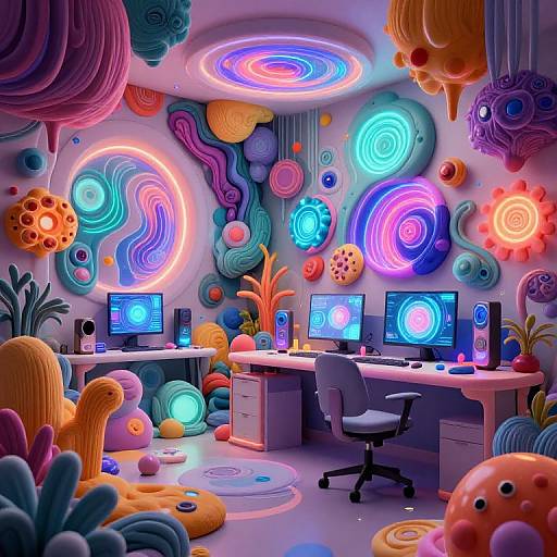 Vibrant, neon-lit office with psychedelic, colorful wall decorations, three monitors displaying swirling patterns, white desk, black chair, and futuristic decor