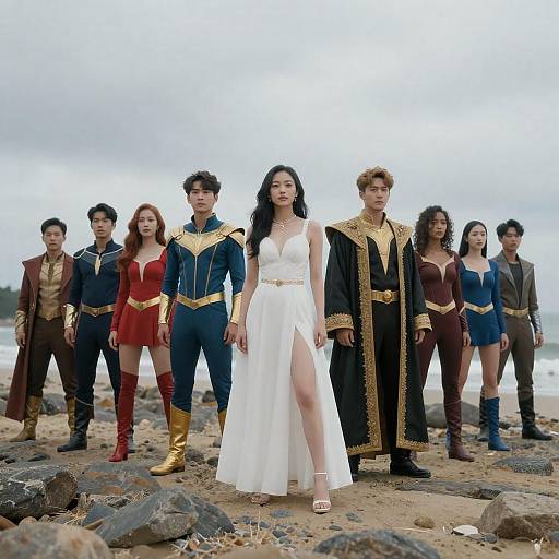 Nine Superheroes Standing on Rocky Beach