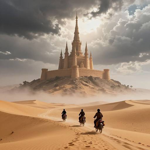Photograph of three riders on camels approaching a towering, sunlit castle with spires, set against a dramatic, cloudy sky over golden sand d
