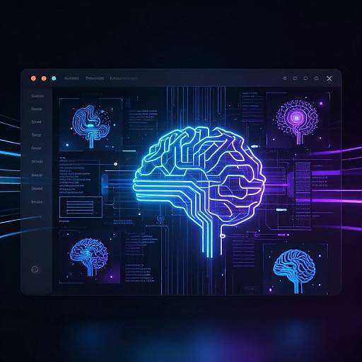 Neon blue and purple digital illustration of a glowing brain on a dark, circuit-like background with other smaller, connected brain icons.