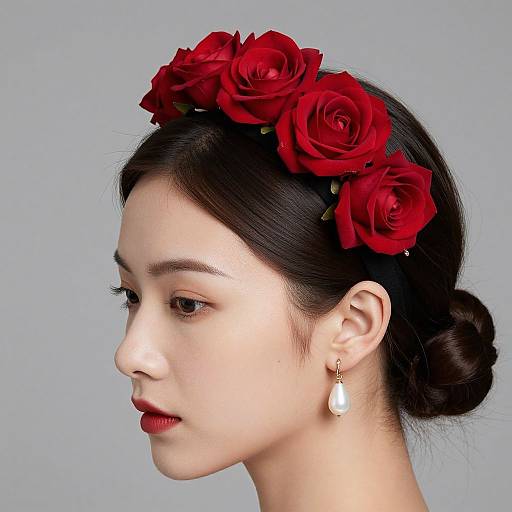 Photograph of an Asian woman with pale skin, red lipstick, and dark hair in a bun, wearing a red rose headband and pearl earrings,