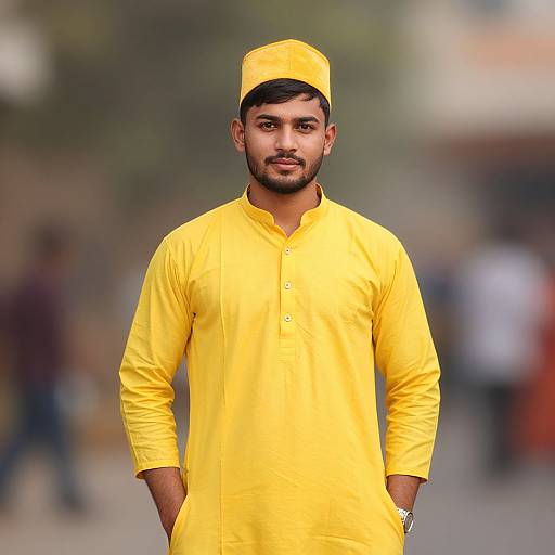 Photograph of a young South Asian man with a trimmed beard, wearing a bright yellow traditional Pakistani kurta and cap, standing confidently with hands in pockets