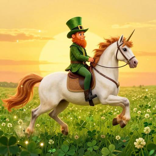 Digital illustration of a red-bearded leprechaun in green attire, riding a white unicorn through a sunlit, clover-filled meadow.