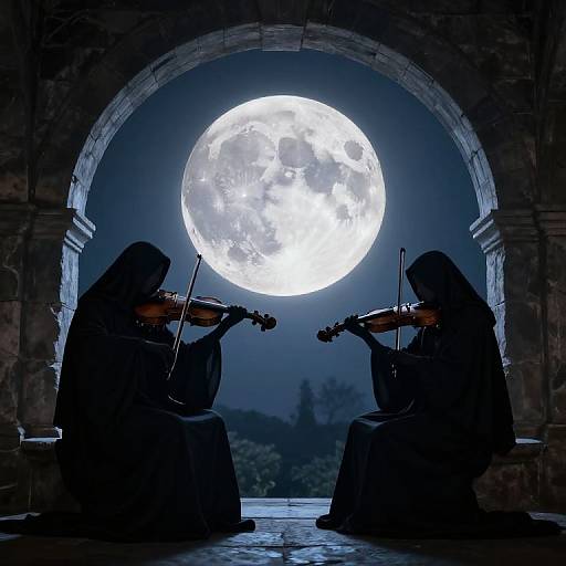 Silhouetted nuns playing violins under a full moon through a stone archway, creating a mystical, serene nighttime scene. Digital art.