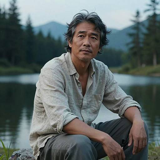 Photograph of an Asian middle-aged man with wavy black hair, wearing a light plaid shirt and gray pants, sitting by a tranquil forest lake