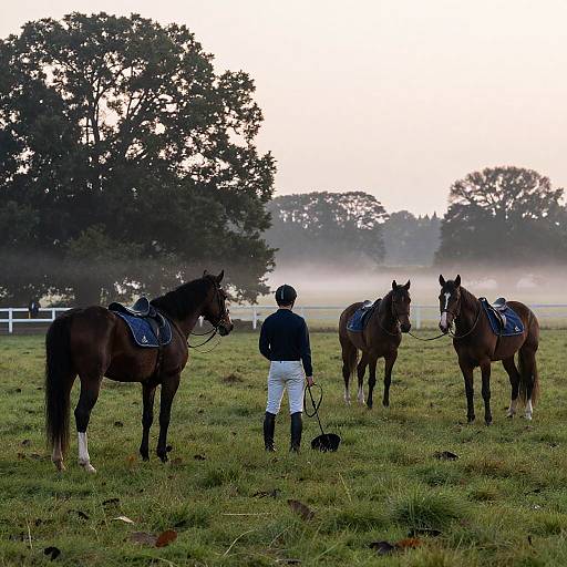 Photograph of a person in equestrian attire facing three saddled horses in a misty, grassy field with trees in the background.