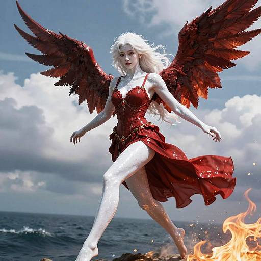Hyperrealistic Red-Winged Angel Girl
