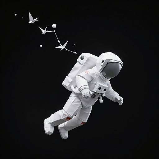 Digital illustration of a white astronaut floating in space, wearing a full spacesuit with a reflective helmet, surrounded by white birds and a constellation against a black