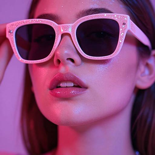 Photograph of a woman with pink glitter sunglasses, pink and purple lighting, glossy pink lips, and dark brown hair, looking cool and confident.