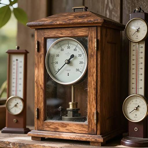 Photograph of a wooden, glass-fronted clock with a white dial, surrounded by three other vintage clocks with mercury thermometers.