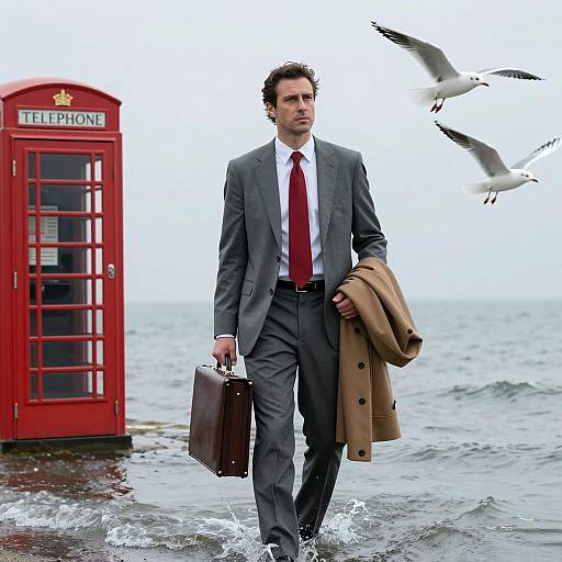 Businessman in Ocean with Seagulls