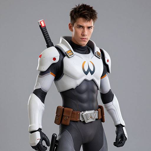 CGI image of a muscular man in white and black futuristic armor with a katana sheathed on his back, gray background.
