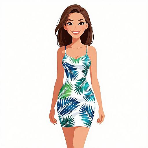 Digital illustration of a smiling woman with brown hair, wearing a white, blue, and green leaf-patterned, sleeveless mini dress.