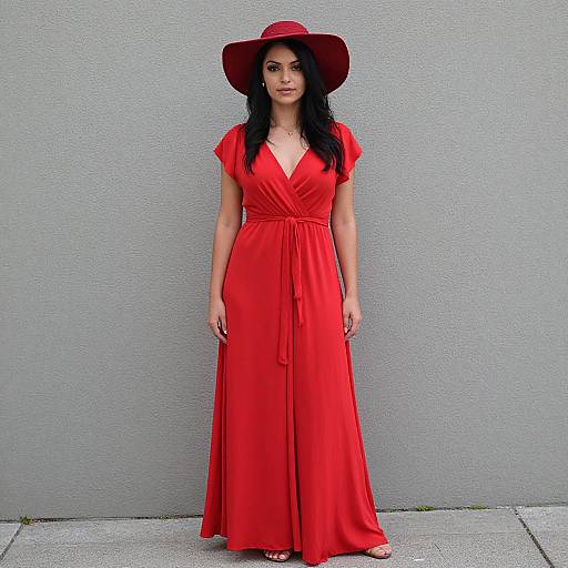 Photograph of a woman with long black hair, wearing a red V-neck dress and wide-brimmed red hat, standing against a gray textured wall