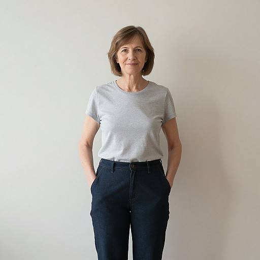 Smiling Older Woman by Blank Wall