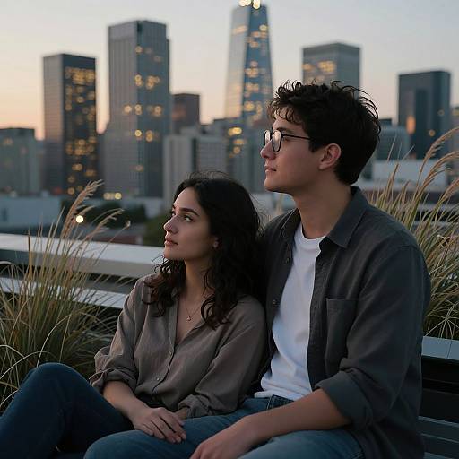 Photograph of a young couple sitting on a rooftop at dusk, gazing at a city skyline with illuminated skyscrapers. Both wear casual clothes,