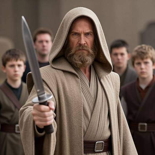 Photograph of a bearded man in a beige hooded robe, holding a dagger forward, with blurred background of four young men in brown robes.