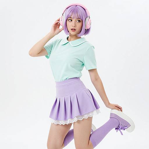 Digital anime-style illustration of a young woman with purple bob haircut, wearing pink headphones, light blue shirt, lavender pleated skirt, white lace trim,