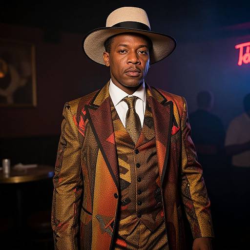 Photograph of a confident Black man in a gold and brown patterned suit, white shirt, red tie, and white fedora, standing in a