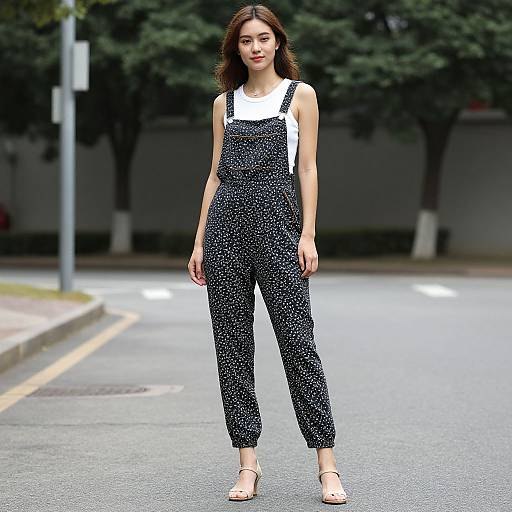 Casual Woman in Floral Sleeveless Overalls