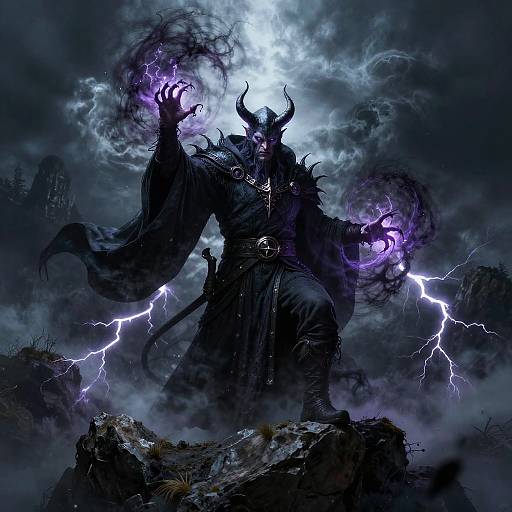 Digital artwork of a dark, horned demon with glowing purple eyes and hands, standing on a rocky cliff, surrounded by lightning and stormy clouds.